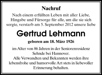 Todesanzeige von Gertrud Lehmann von Gesamtausgabe