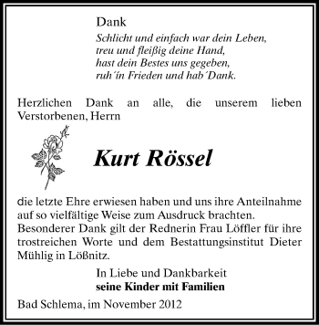 Todesanzeige von Kurt Rössel von Aue