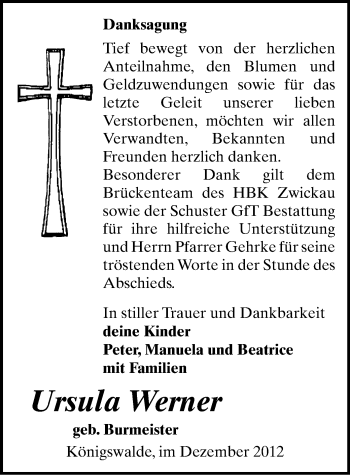 Todesanzeige von Ursula Werner von Werdau