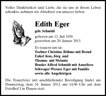 Todesanzeige von Edith Eger von Plauen