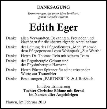 Todesanzeige von Edith Eger von Plauen