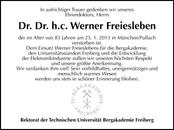 Todesanzeige von Werner Freiesleben von Freiberg / Brand Erbisdorf