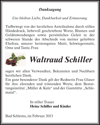 Todesanzeige von Waltraud Schiller von Aue