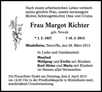 Todesanzeige von Margot Richter von Marienberg