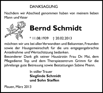 Todesanzeige von Bernd Schmidt von Plauen