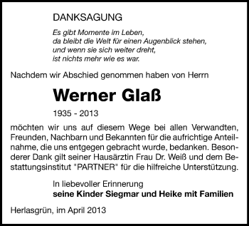 Todesanzeige von Werner Glaß von Plauen