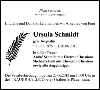 Todesanzeige von Ursula Schmidt von Plauen