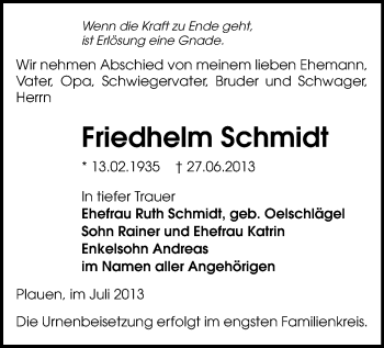 Todesanzeige von Friedhelm Schmidt von Plauen