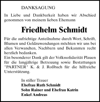 Todesanzeige von Friedhelm Schmidt von Plauen