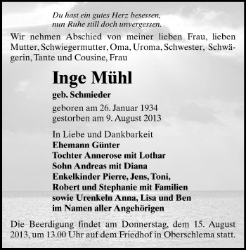 Todesanzeige von Inge Mühl von Aue, Marienberg
