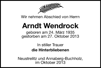 Todesanzeige von Arndt Wendrock von Zschopau