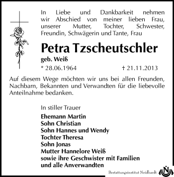 Todesanzeige von Petra Tzscheutschler von Zwickau