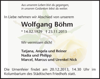 Todesanzeige von Wolfgang Böhm von Chemnitz