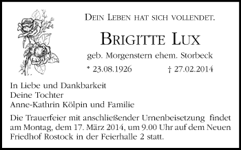 Todesanzeige von Brigitte Lux von Freiberg / Brand Erbisdorf