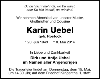 Todesanzeige von Karin Uebel von Oberes Vogtland