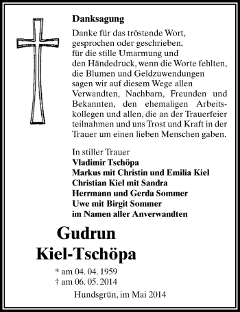 Todesanzeige von Gudrun Kiel-Tschöpa von Oberes Vogtland