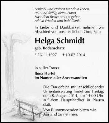 Todesanzeige von Helga Schmidt von Plauen