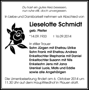 Todesanzeige von Lieselotte Schmidt von Plauen