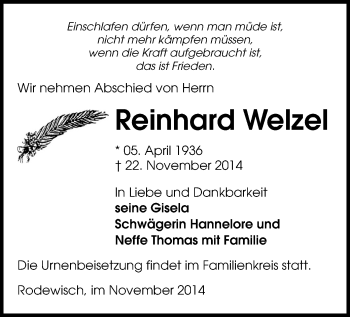 Todesanzeige von Reinhard Welzel von Auerbach