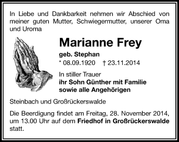 Todesanzeige von Marianne Frey von Annaberg, Marienberg