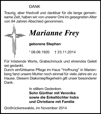 Todesanzeige von Marianne Frey von Marienberg