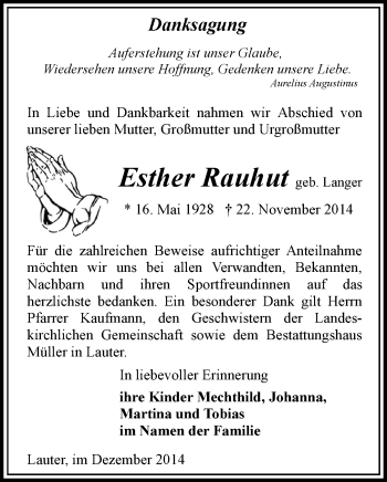 Todesanzeige von Esther Rauhut von Aue, Schwarzenberg