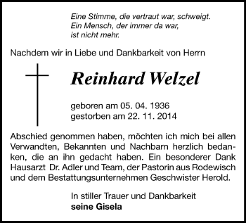 Todesanzeige von Reinhard Welzel von Auerbach