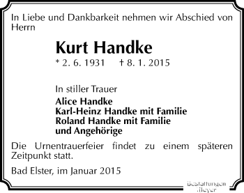 Todesanzeige von Kurt Handke von Oberes Vogtland