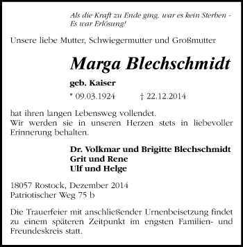 Todesanzeige von Marga Blechschmidt von Auerbach