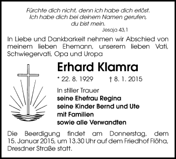 Todesanzeige von Erhard Klamra von Flöha