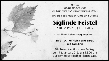 Todesanzeige von Siglinde Feistel von Plauen