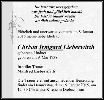 Todesanzeige von Christa Irmgard Lieberwirth von Stollberg, Zschopau