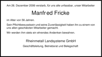 Todesanzeige von Manfred Fricke von HNA