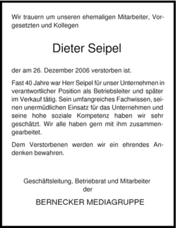 Todesanzeige von Dieter Seipel von HNA