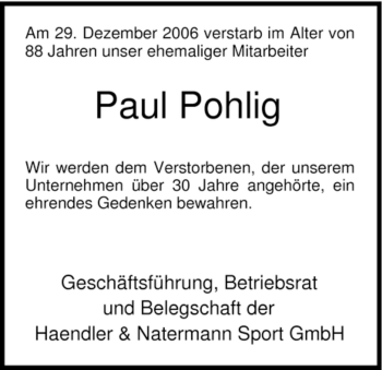 Todesanzeige von Paul Pohlig von HNA