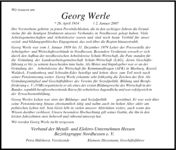 Todesanzeige von Georg Werle von HNA