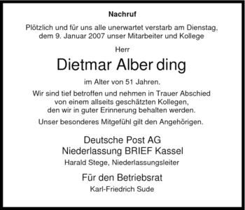 Todesanzeige von Dietmar Alberding von HNA