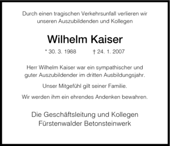 Todesanzeige von Kaiser Wilhelm von HNA