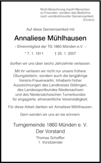 Todesanzeige von Annaliese Mühlhausen von HNA