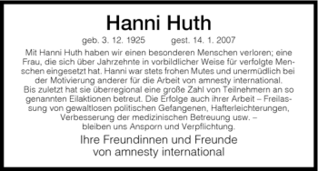 Todesanzeige von Hanni Huth von HNA