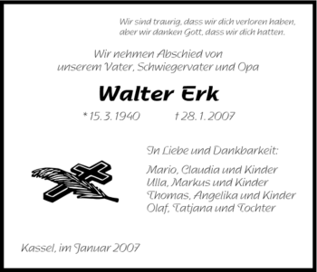 Todesanzeige von Walter Erk von HNA