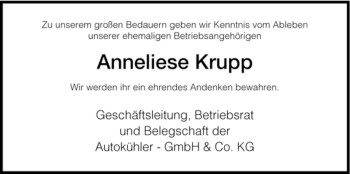 Todesanzeige von Anneliese Krupp von HNA