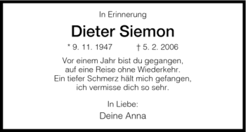 Todesanzeige von Dieter Siemon von HNA