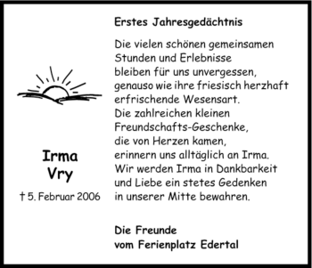 Todesanzeige von Irma Vry von HNA