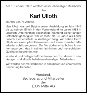 Todesanzeige von Karl Ulloth von HNA