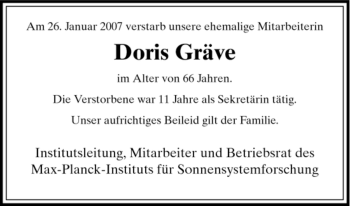 Todesanzeige von Doris Gräve von HNA