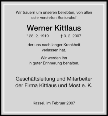 Todesanzeige von Werner Kittlaus von HNA