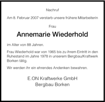 Todesanzeige von Annemarie Wiederhold von HNA