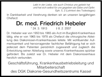 Todesanzeige von Friedrich Hebeler von HNA