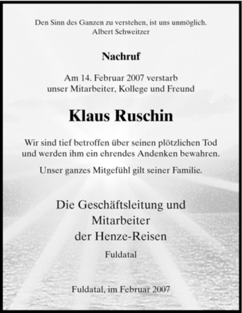 Todesanzeige von Klaus Ruschin von HNA